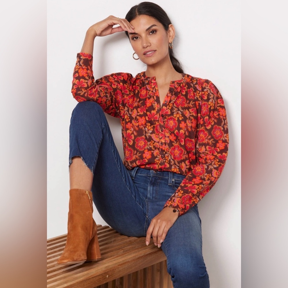 SUNDRY | Floral Puff Sleeve Buttondown Shirt in Mahogany Garnet, Size S